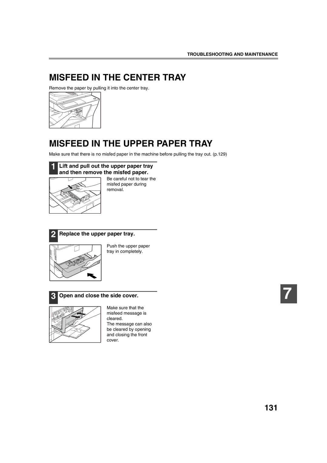 Sharp TINSE2026QSZZ Misfeed in the Center Tray, Misfeed in the Upper Paper Tray, 131, Replace the upper paper tray 