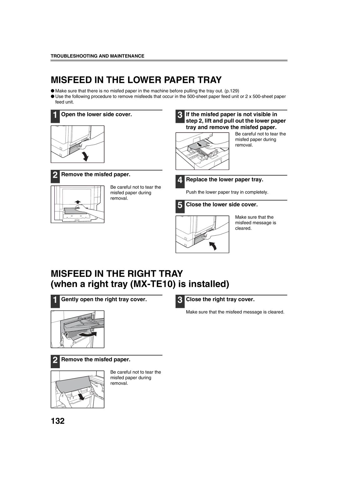 Sharp TINSE2026QSZZ operation manual Misfeed in the Lower Paper Tray, Misfeed in the Right Tray, 132 