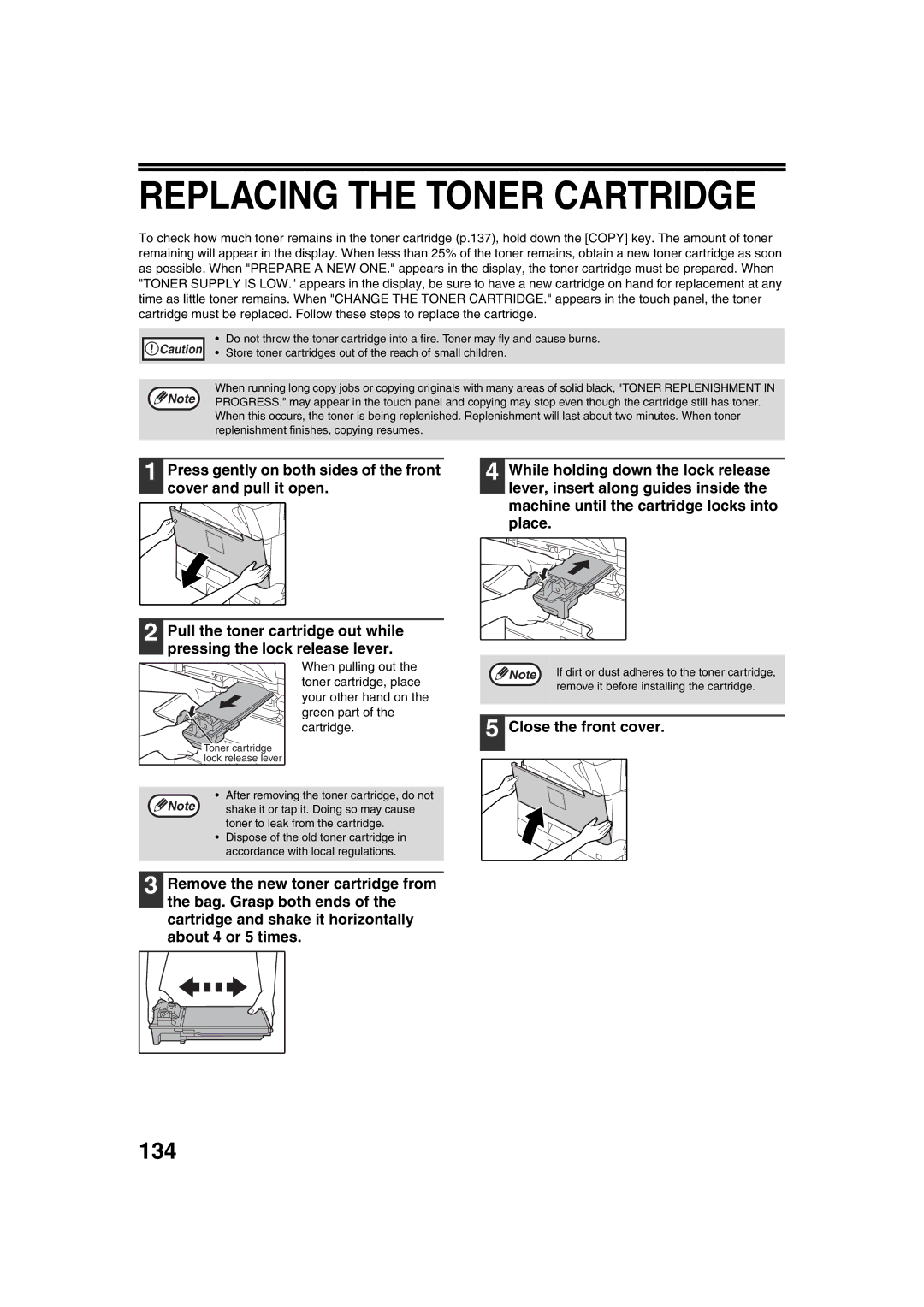 Sharp TINSE2026QSZZ operation manual Replacing the Toner Cartridge, 134, Close the front cover 