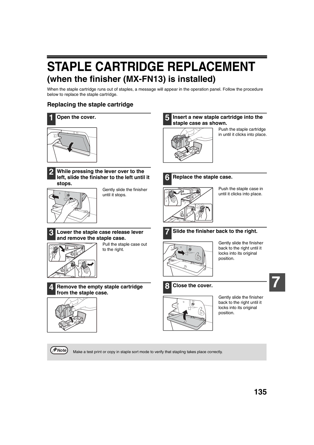 Sharp TINSE2026QSZZ Staple Cartridge Replacement, 135, Replacing the staple cartridge, Replace the staple case 