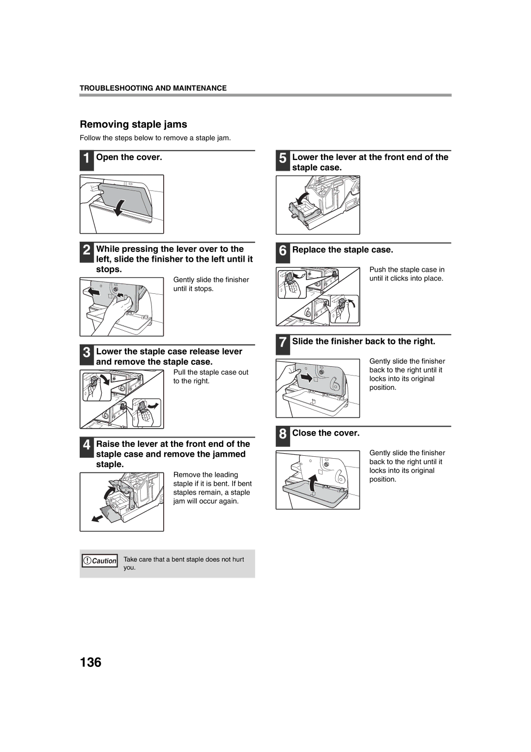 Sharp TINSE2026QSZZ operation manual 136, Removing staple jams, Follow the steps below to remove a staple jam 