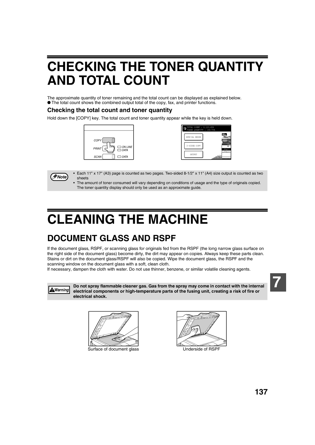 Sharp TINSE2026QSZZ Checking the Toner Quantity and Total Count, Cleaning the Machine, Document Glass and Rspf, 137 