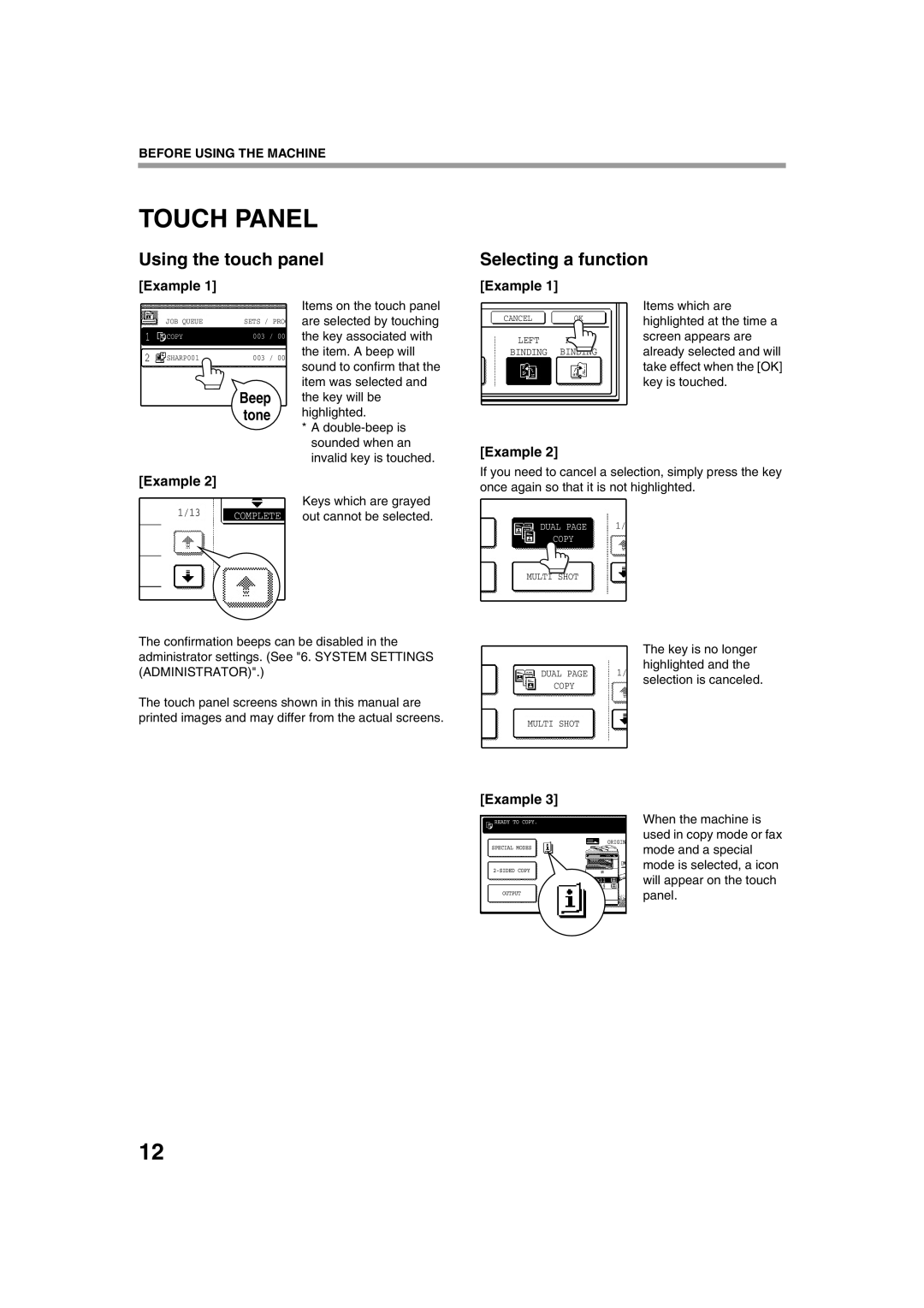 Sharp TINSE2026QSZZ operation manual Touch Panel, Using the touch panel Selecting a function, Example, Beep tone 