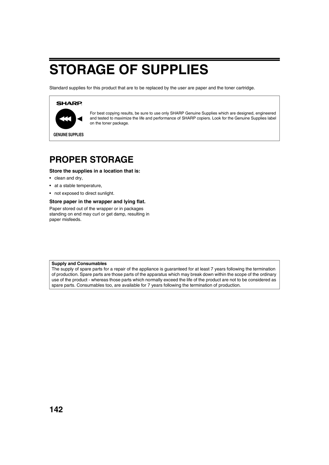 Sharp TINSE2026QSZZ operation manual Storage of Supplies, Proper Storage, 142, Store the supplies in a location that is 