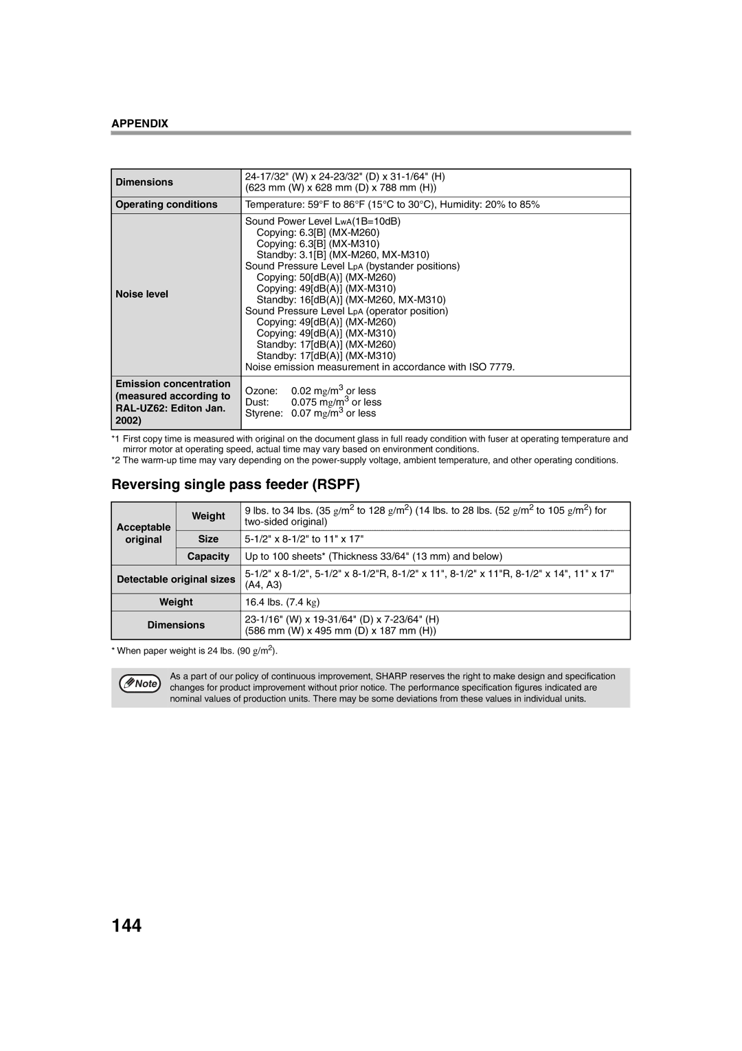 Sharp TINSE2026QSZZ operation manual 144, Reversing single pass feeder Rspf 