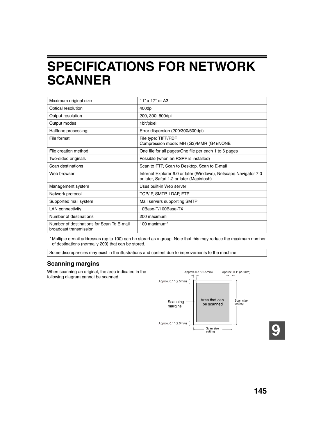 Sharp TINSE2026QSZZ operation manual Specifications for Network Scanner, 145, Scanning margins, Tcp/Ip, Smtp, Ldap, Ftp 