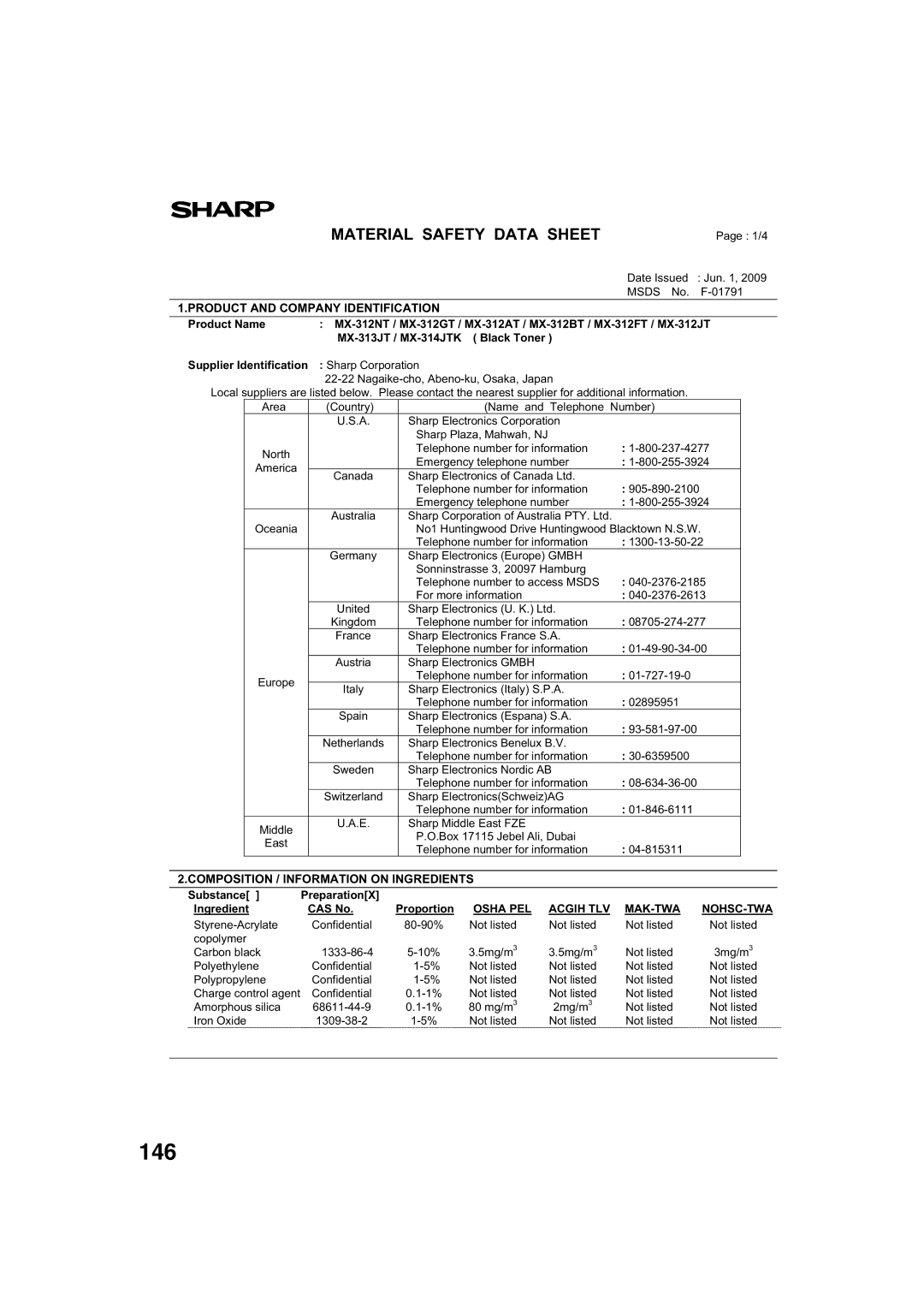 Sharp TINSE2026QSZZ operation manual 146, Material Safety Data Sheet 