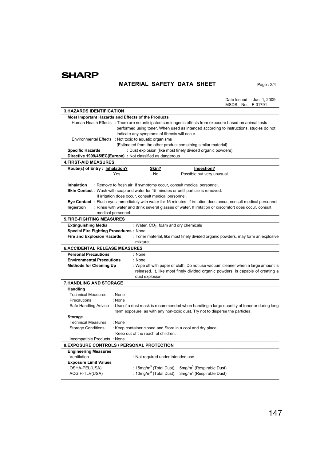 Sharp TINSE2026QSZZ operation manual 147, Hazards Identification 