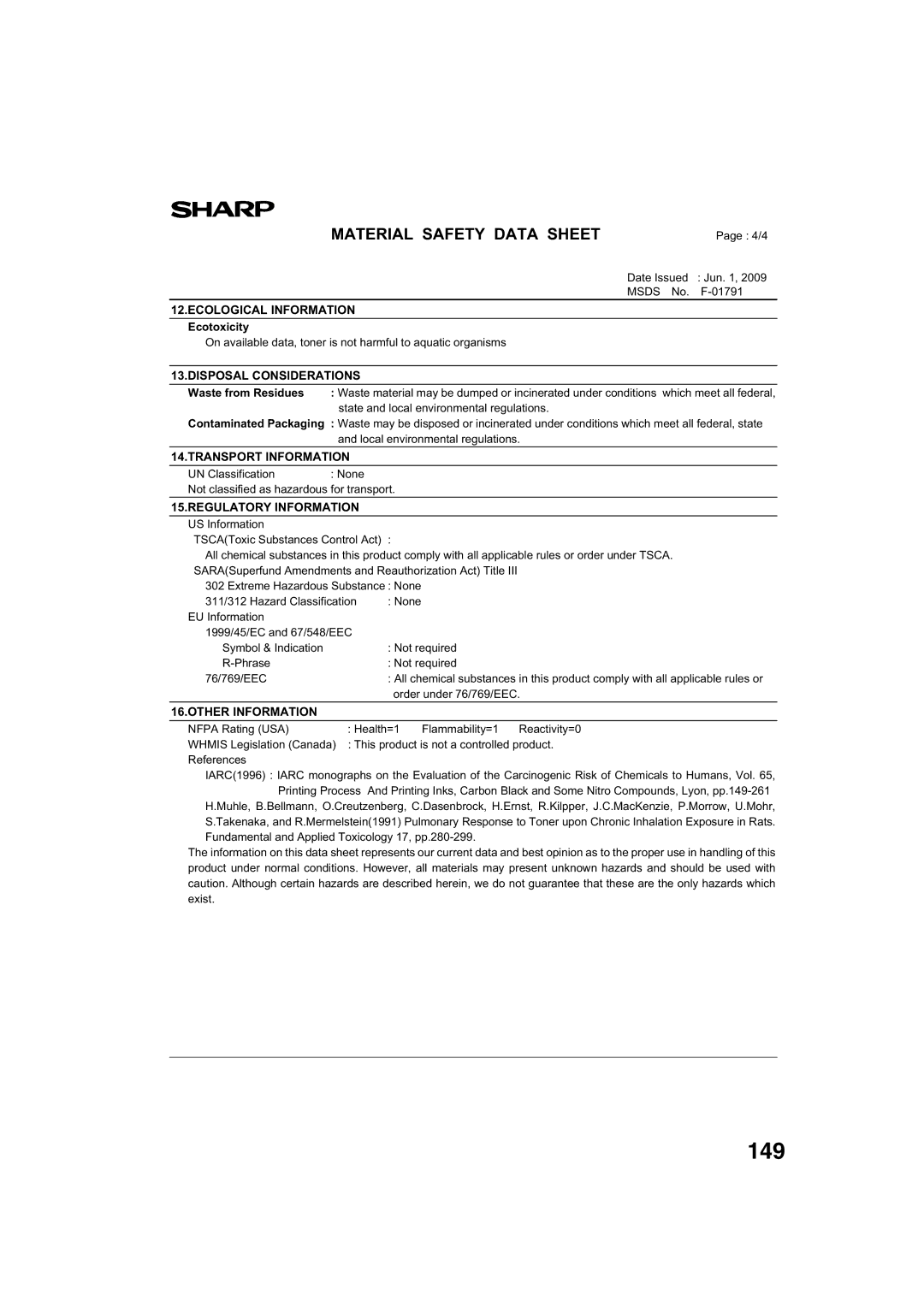 Sharp TINSE2026QSZZ operation manual 149, Disposal Considerations 