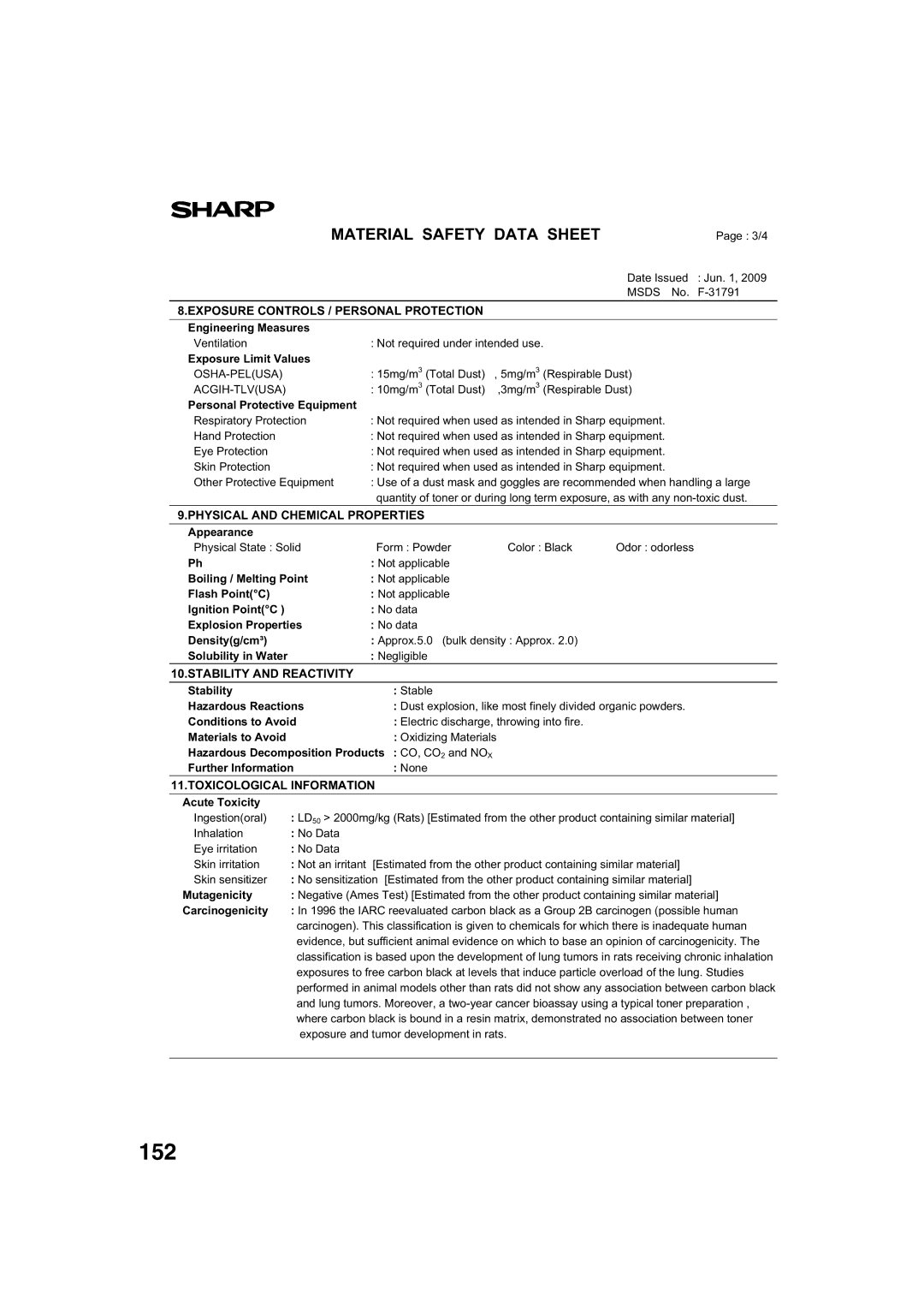 Sharp TINSE2026QSZZ operation manual 152, Exposure Limit Values              