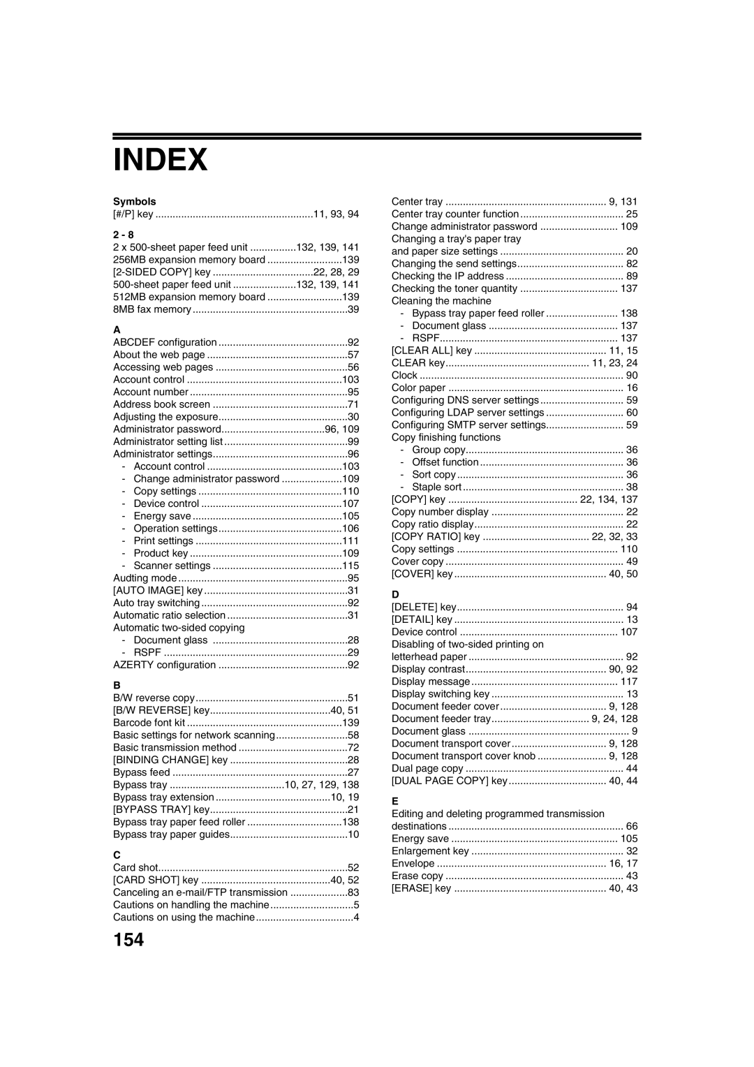 Sharp TINSE2026QSZZ operation manual Index, 154, Symbols 