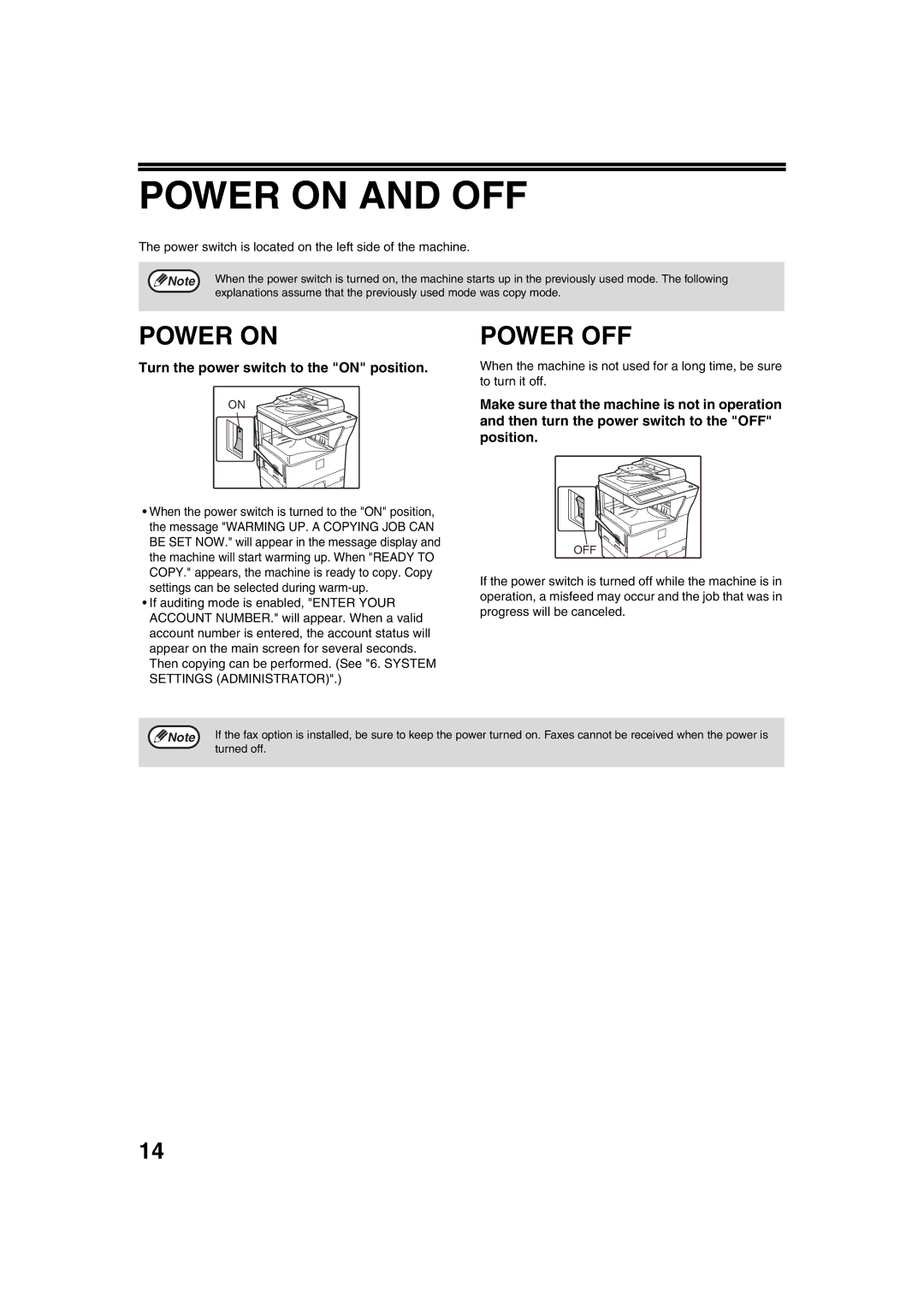 Sharp TINSE2026QSZZ operation manual Power on and OFF, Power OFF, Turn the power switch to the on position 