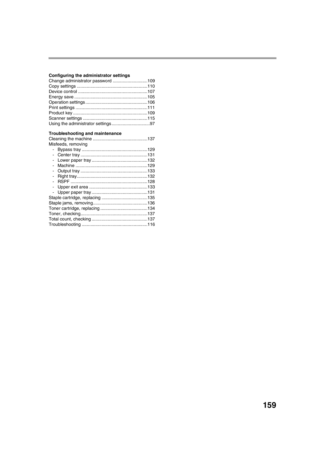 Sharp TINSE2026QSZZ 159, Configuring the administrator settings, Troubleshooting and maintenance, Misfeeds, removing, 116 