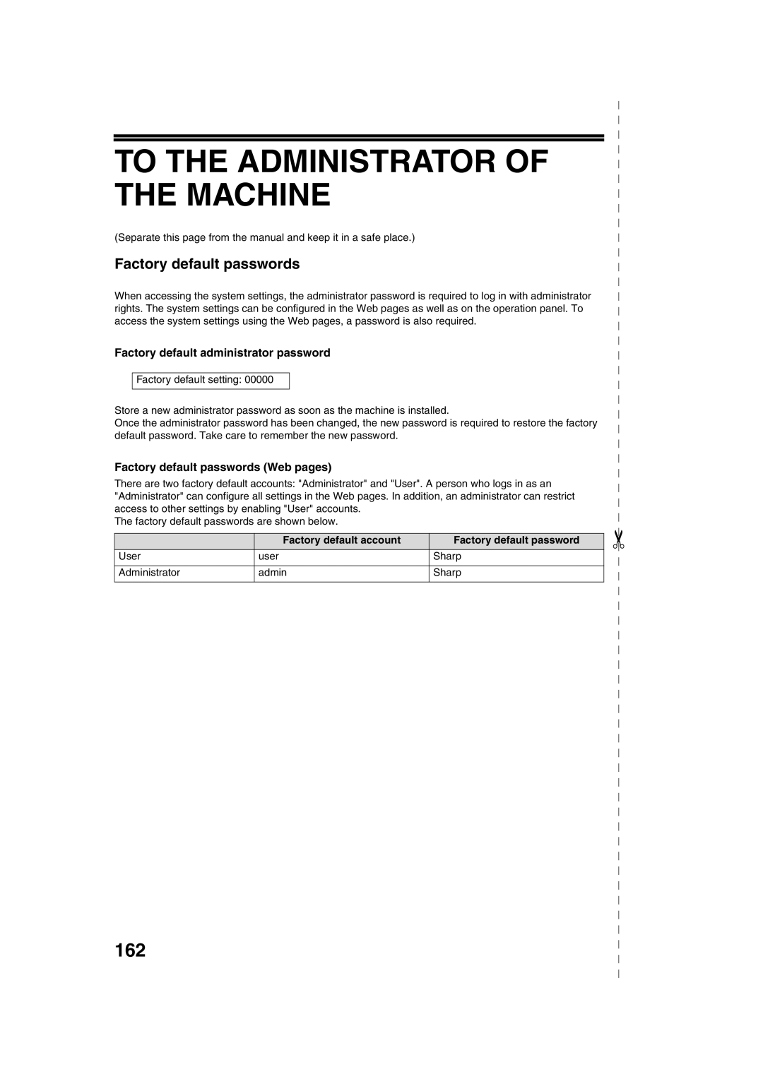 Sharp TINSE2026QSZZ operation manual To the Administrator of the Machine, 162, Factory default passwords 