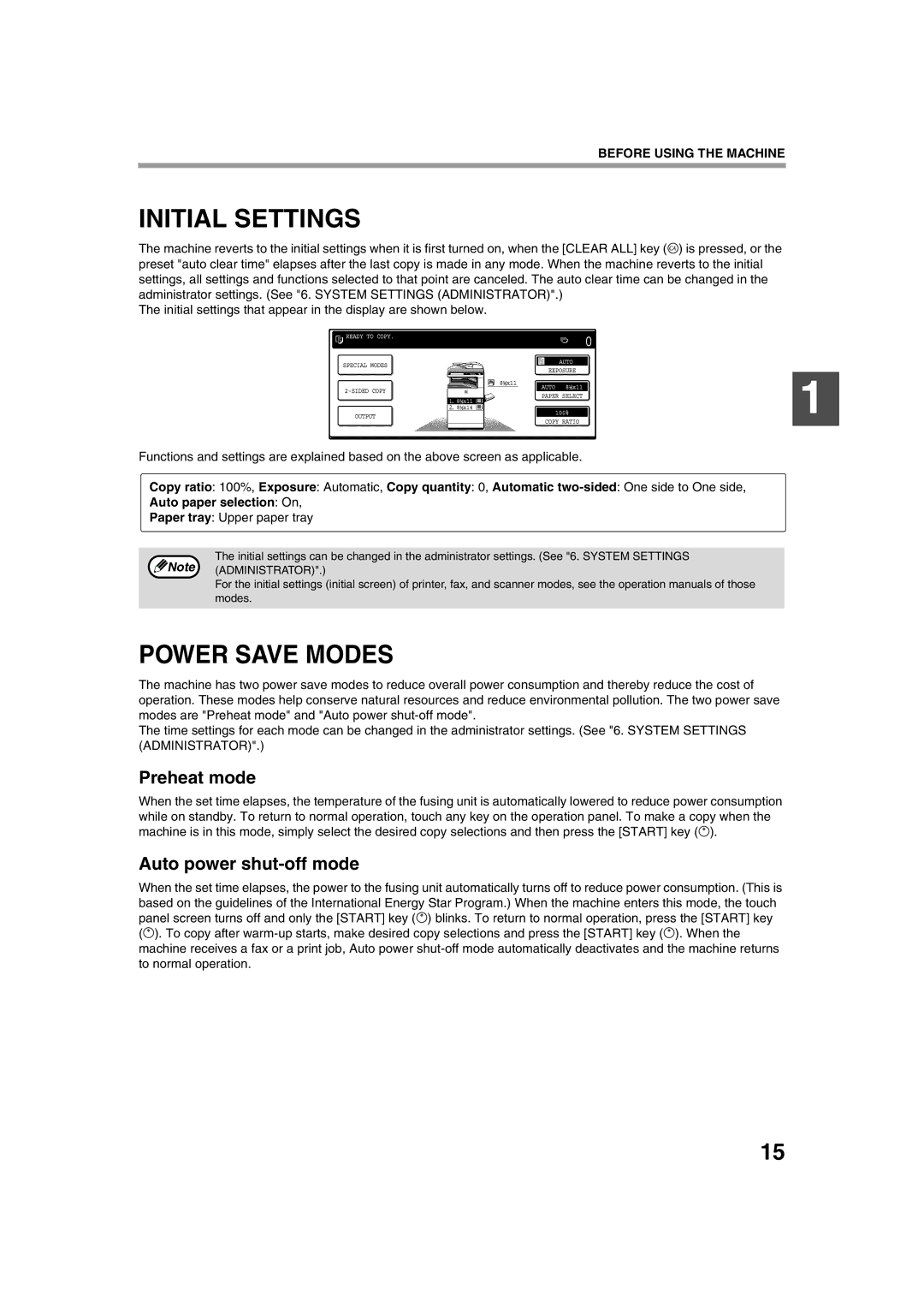 Sharp TINSE2026QSZZ operation manual Initial Settings, Power Save Modes, Preheat mode, Auto power shut-off mode 