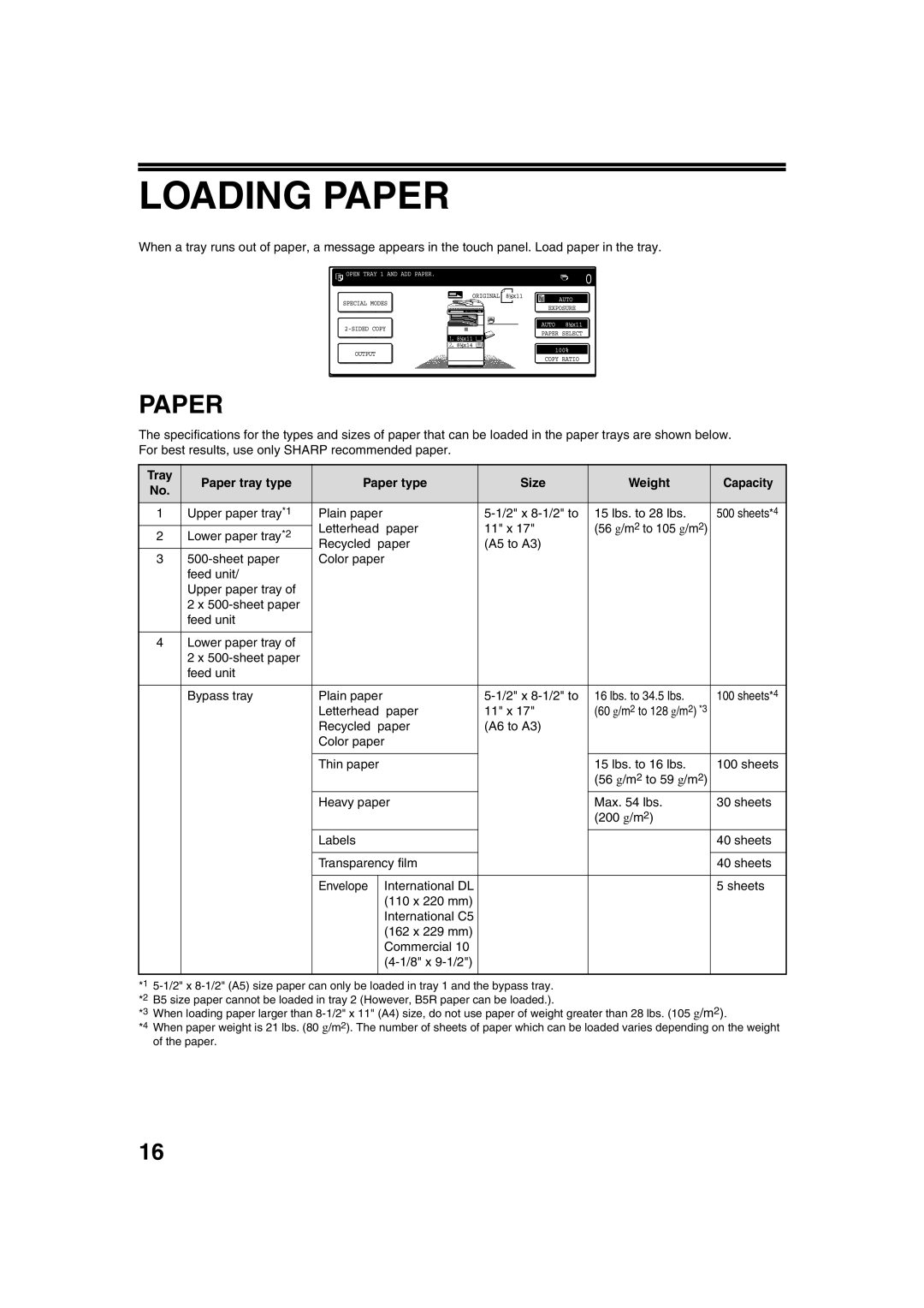 Sharp TINSE2026QSZZ Loading Paper, Tray Paper tray type Paper type Size Weight Capacity, Letterhead Paper 11 x 