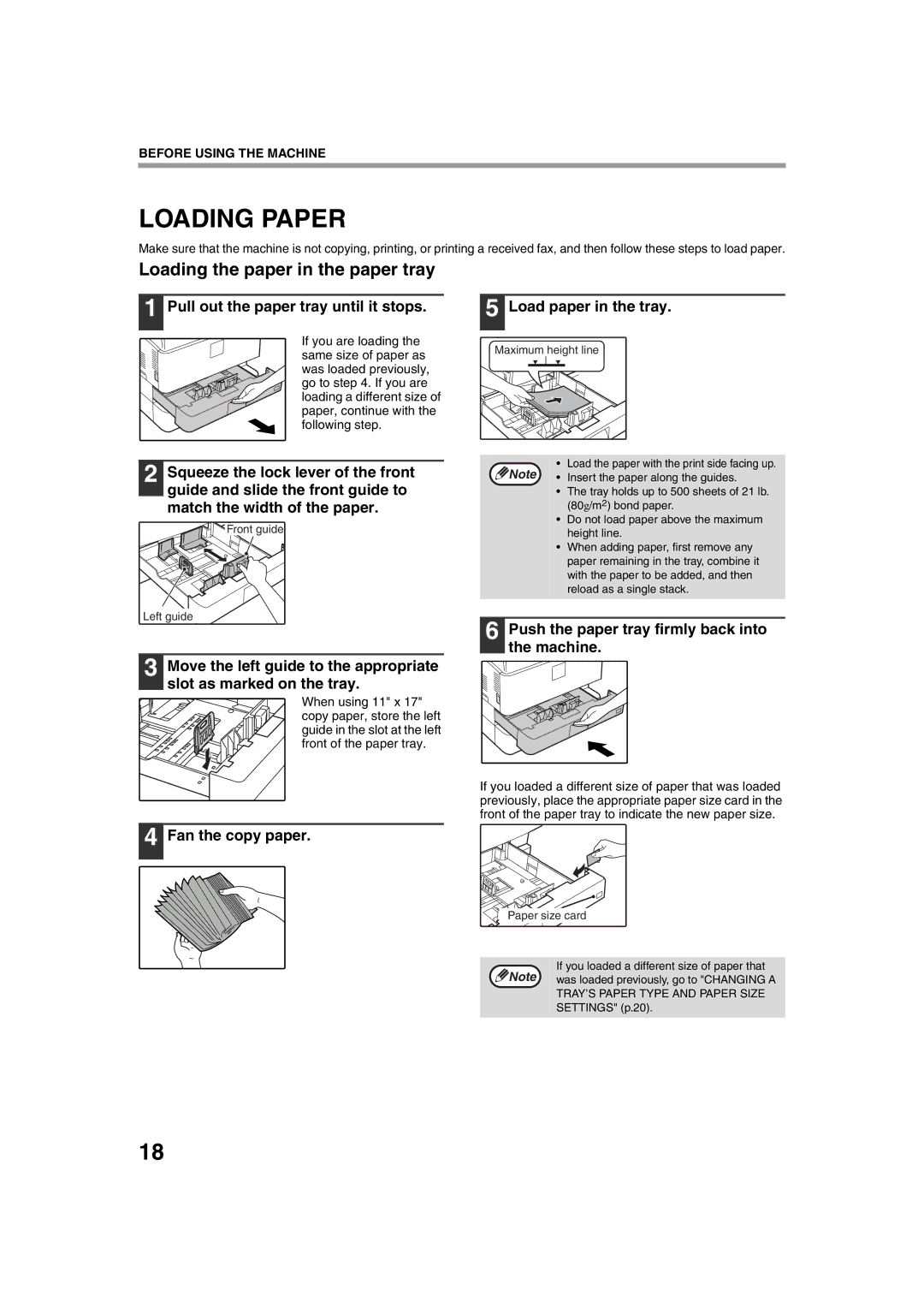 Sharp TINSE2026QSZZ operation manual Loading Paper, Loading the paper in the paper tray 