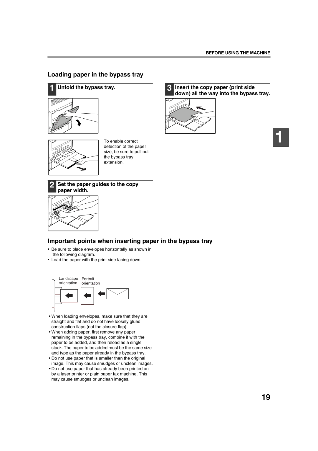 Sharp TINSE2026QSZZ Loading paper in the bypass tray, Important points when inserting paper in the bypass tray 