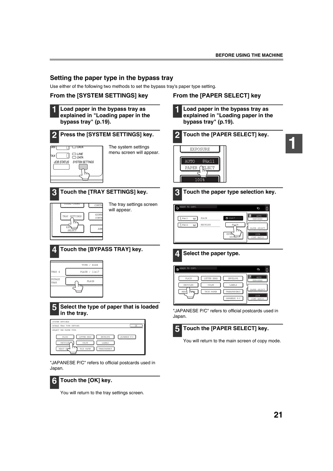 Sharp TINSE2026QSZZ operation manual Setting the paper type in the bypass tray 