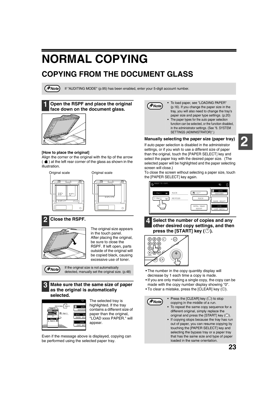 Sharp TINSE2026QSZZ Normal Copying, Copying from the Document Glass, Press the Start key, How to place the original 