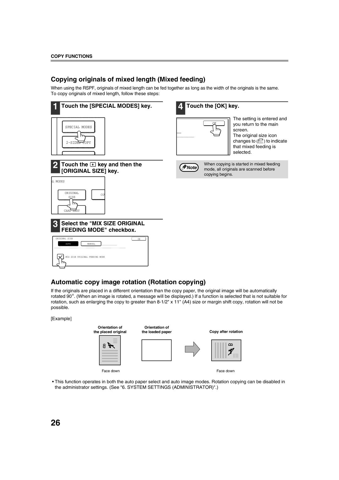 Sharp TINSE2026QSZZ Copying originals of mixed length Mixed feeding, Automatic copy image rotation Rotation copying 