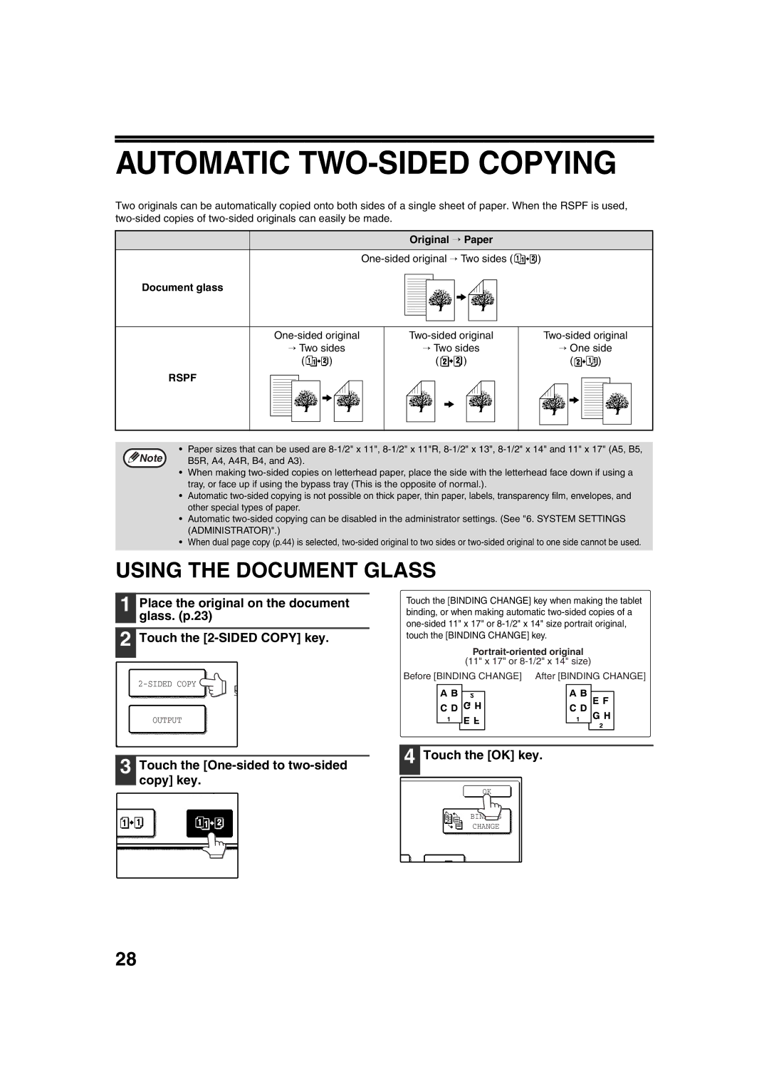 Sharp TINSE2026QSZZ Automatic TWO-SIDED Copying, Using the Document Glass, Original → Paper, Document glass 