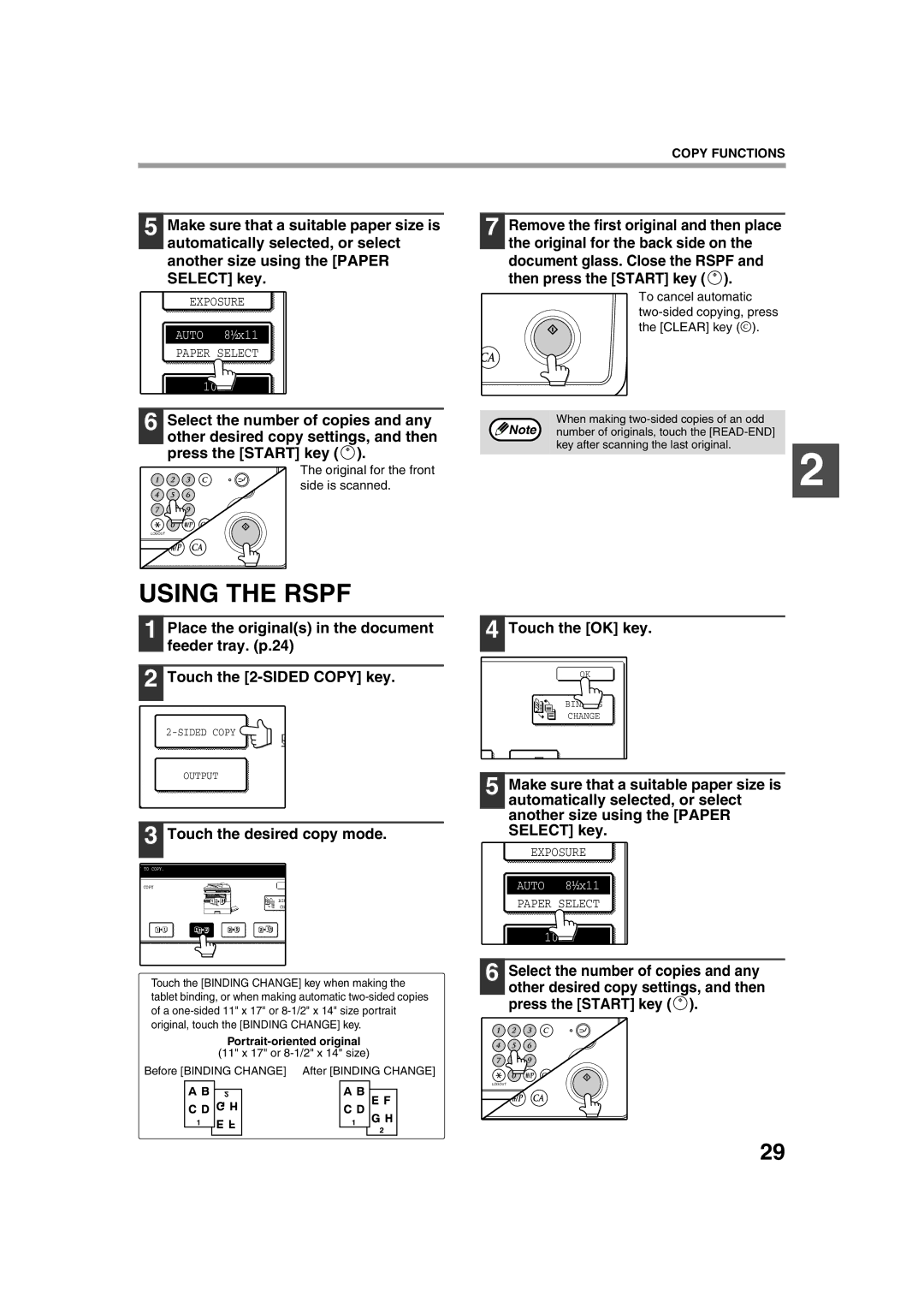 Sharp TINSE2026QSZZ operation manual Using the Rspf, Touch the desired copy mode, Original for the front side is scanned 