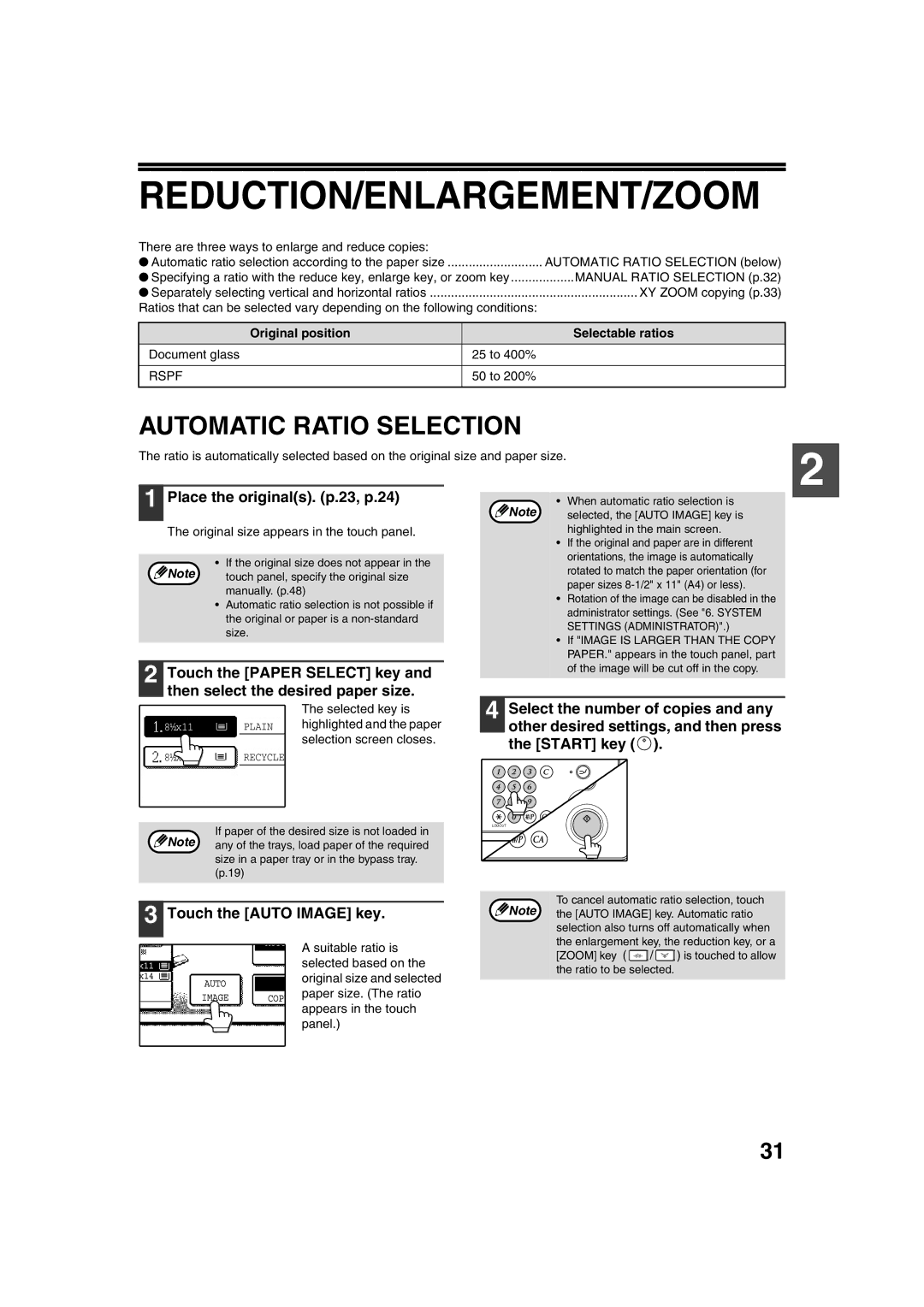 Sharp TINSE2026QSZZ operation manual Reduction/Enlargement/Zoom, Automatic Ratio Selection, Place the originals. p.23, p.24 