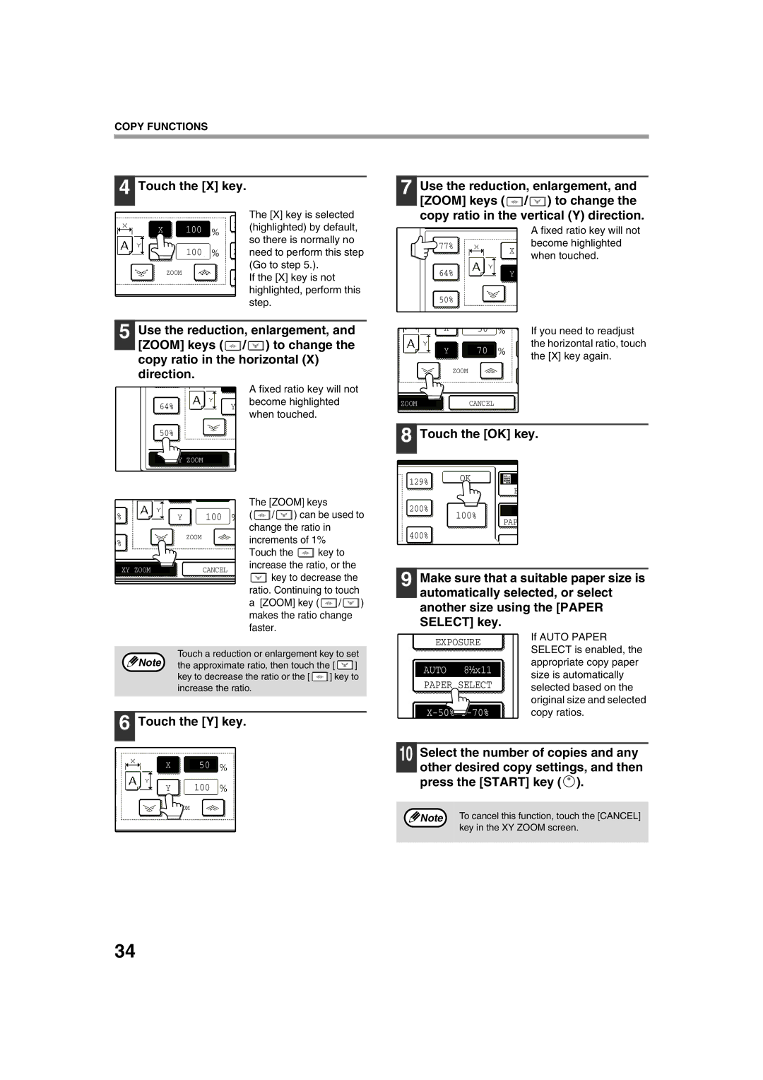 Sharp TINSE2026QSZZ operation manual Copy ratio in the vertical Y direction, Touch the Y key 