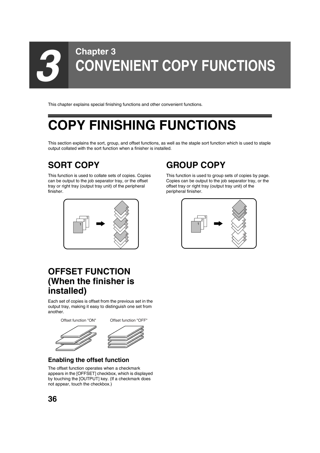 Sharp TINSE2026QSZZ operation manual Copy Finishing Functions, Sort Copy, Group Copy, Enabling the offset function 