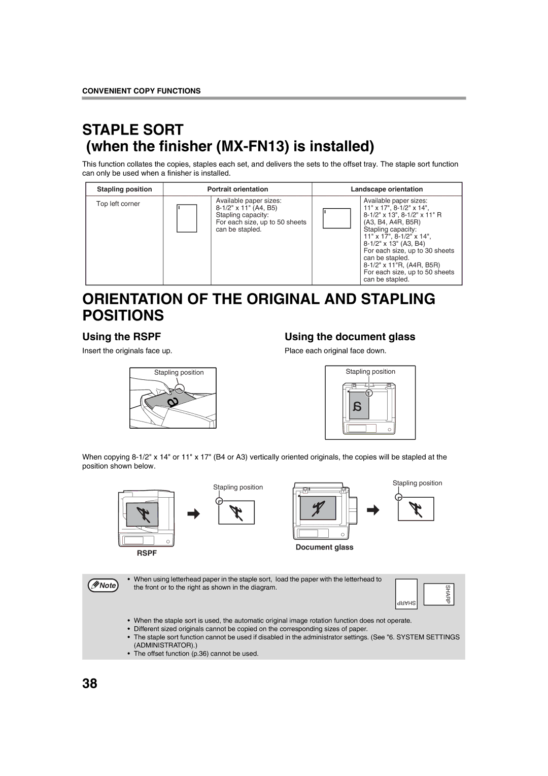 Sharp TINSE2026QSZZ operation manual Staple Sort, Orientation of the Original and Stapling Positions, Using the Rspf 