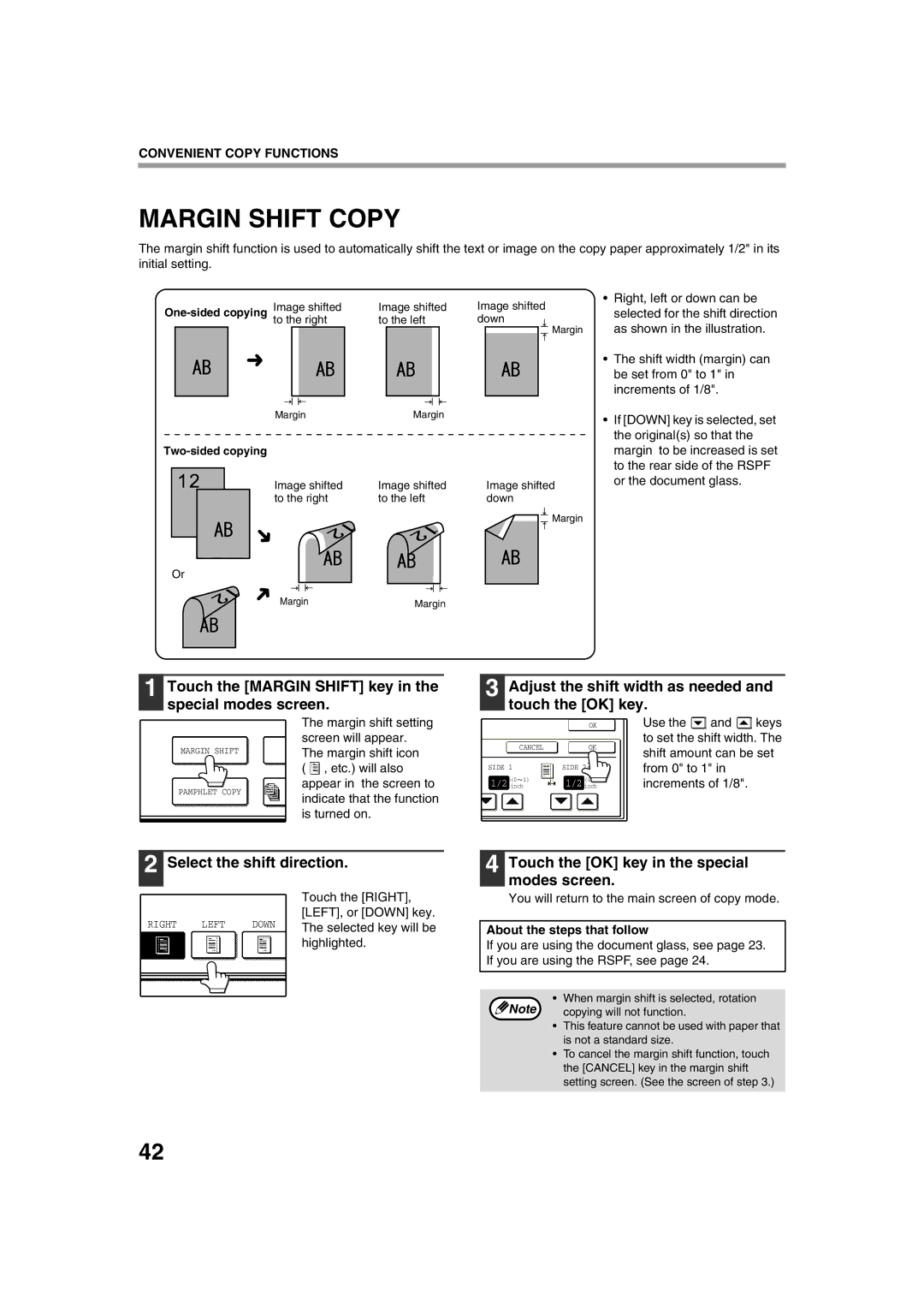 Sharp TINSE2026QSZZ Margin Shift Copy, Touch the Margin Shift key in the special modes screen, Select the shift direction 