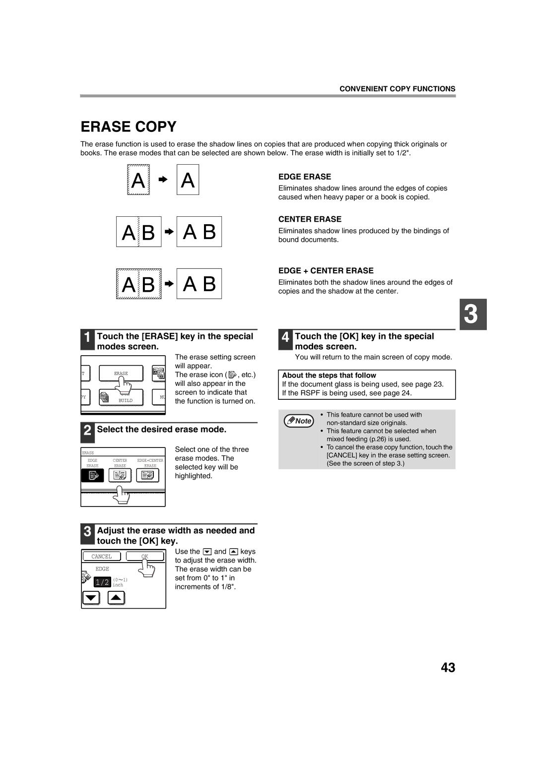 Sharp TINSE2026QSZZ Erase Copy, Touch the Erase key in the special modes screen, Select the desired erase mode 