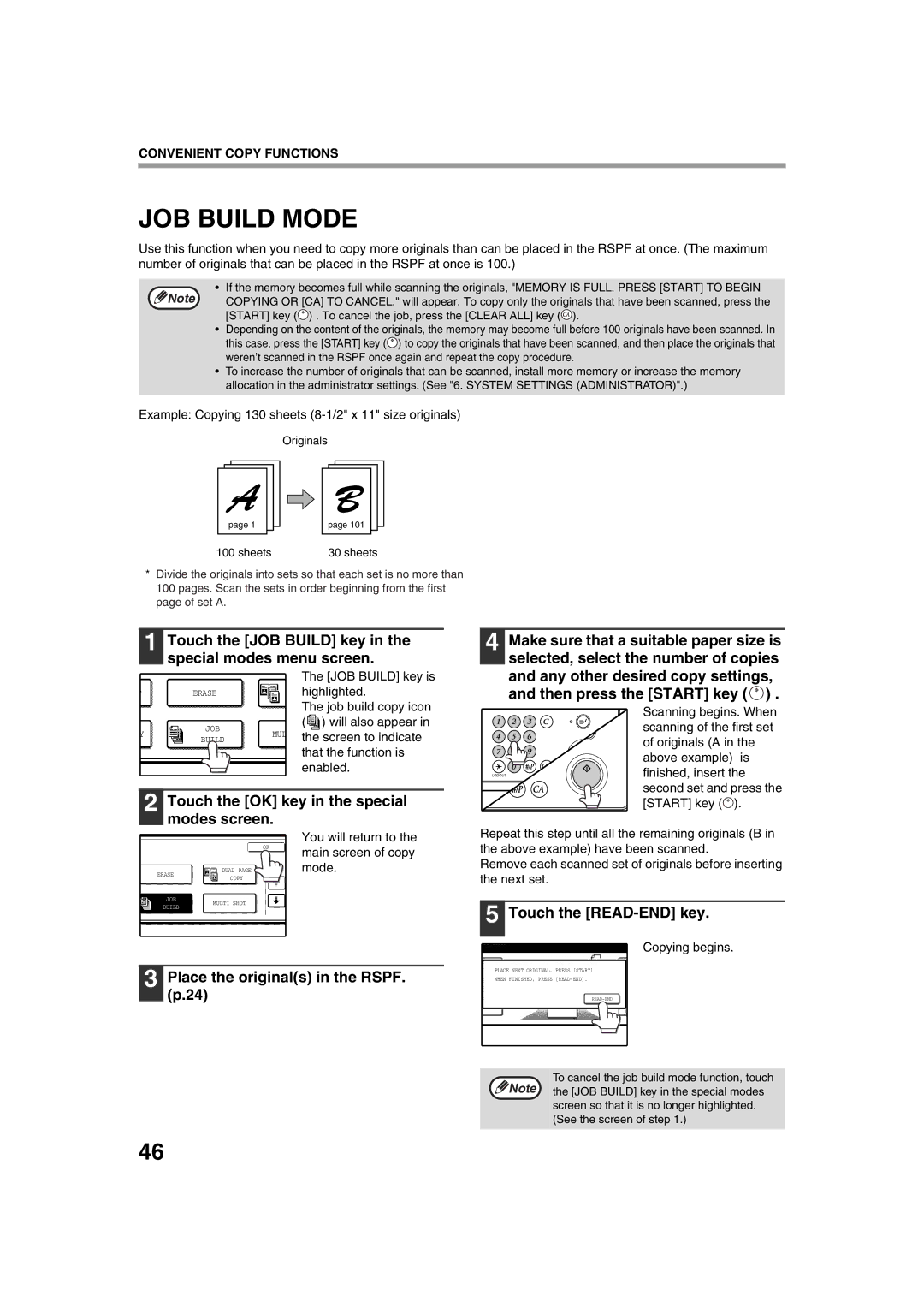 Sharp TINSE2026QSZZ JOB Build Mode, Touch the JOB Build key in the special modes menu screen, Touch the READ-END key 