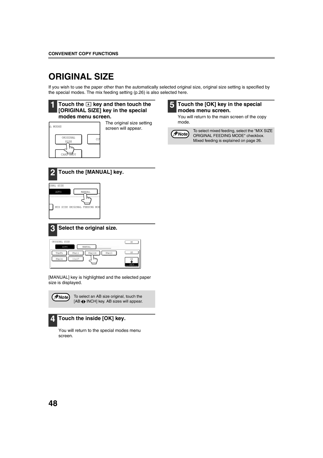 Sharp TINSE2026QSZZ operation manual Original Size, Touch the Manual key, Select the original size, Touch the inside OK key 