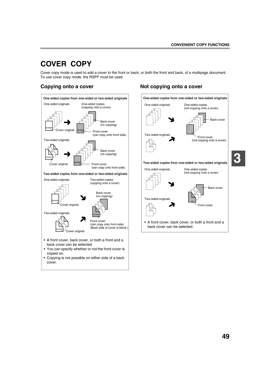 Sharp TINSE2026QSZZ operation manual Cover Copy, Copying onto a cover, Not copying onto a cover 