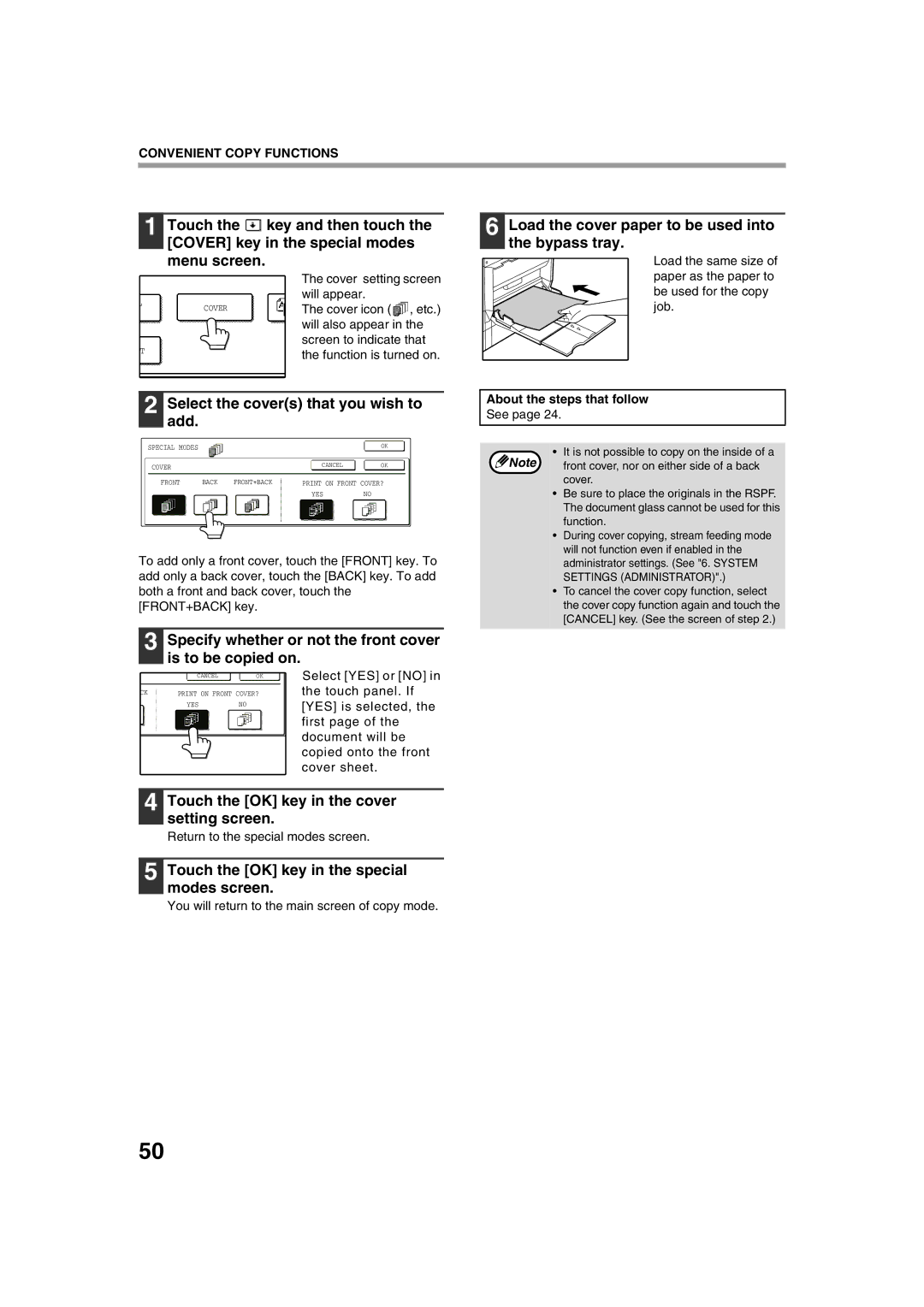 Sharp TINSE2026QSZZ Select the covers that you wish to add, Load the cover paper to be used into the bypass tray 