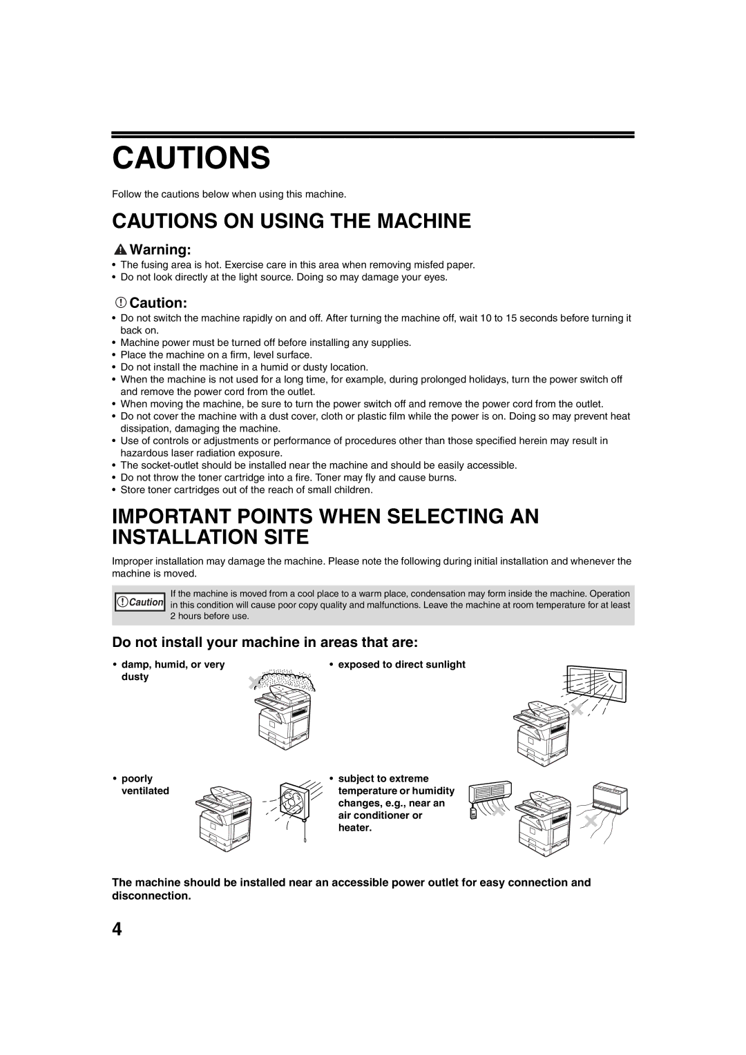 Sharp TINSE2026QSZZ Important Points When Selecting AN Installation Site, Do not install your machine in areas that are 