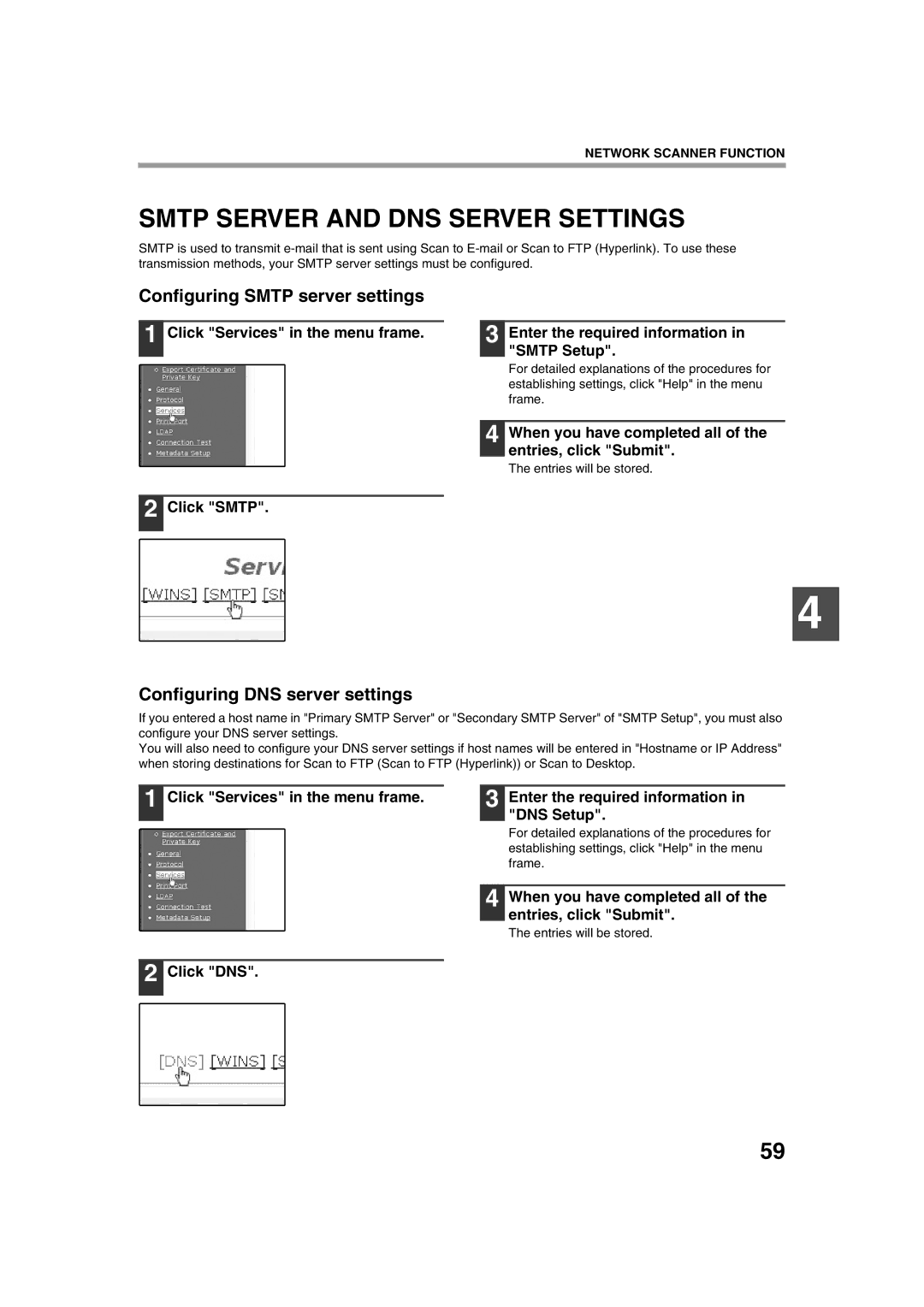 Sharp TINSE2026QSZZ Smtp Server and DNS Server Settings, Configuring Smtp server settings, Configuring DNS server settings 