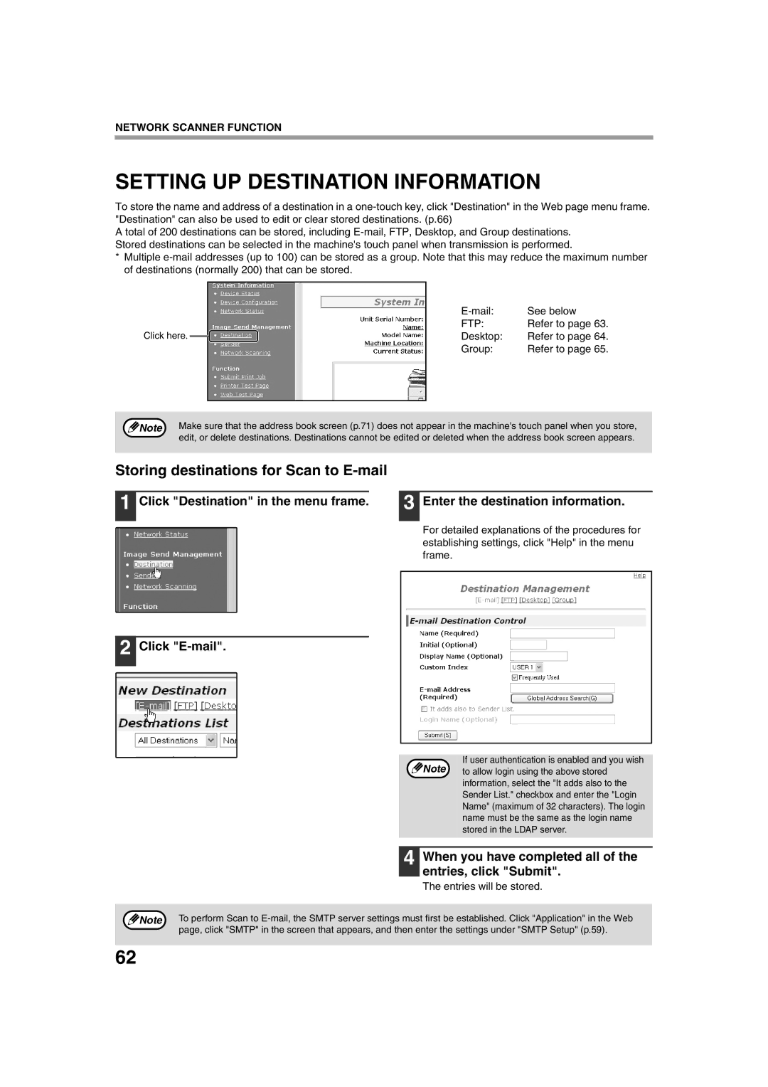 Sharp TINSE2026QSZZ Setting UP Destination Information, Storing destinations for Scan to E-mail, Click E-mail, Ftp 