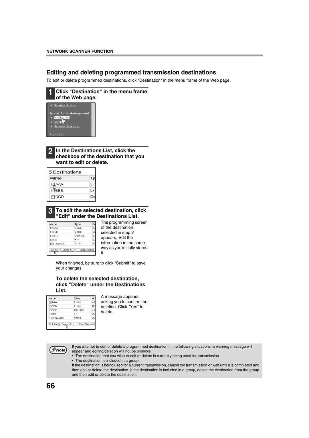 Sharp TINSE2026QSZZ operation manual Editing and deleting programmed transmission destinations 