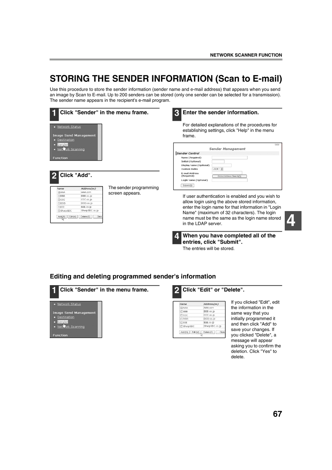 Sharp TINSE2026QSZZ operation manual Editing and deleting programmed senders information 