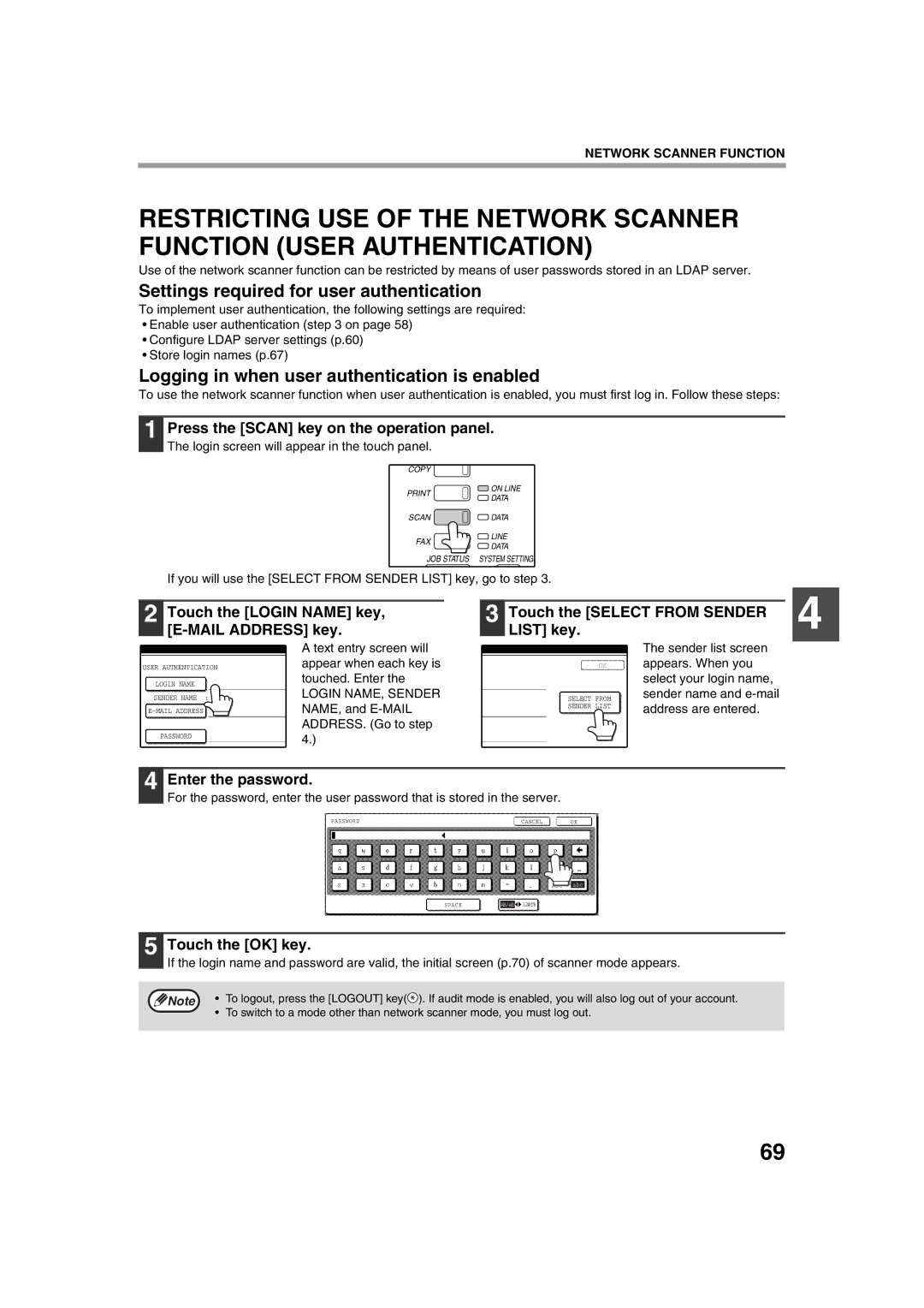 Sharp TINSE2026QSZZ Settings required for user authentication, Logging in when user authentication is enabled 