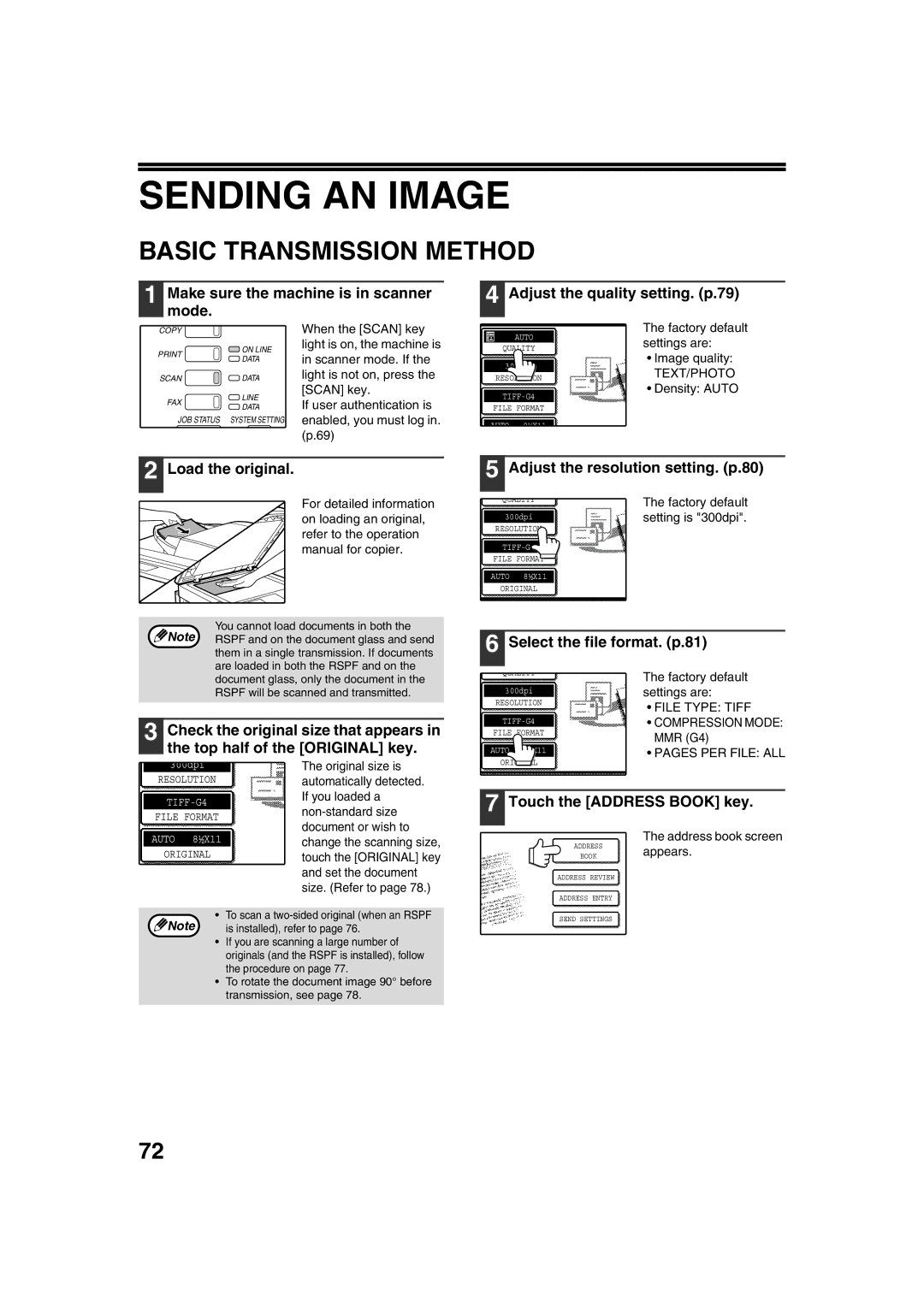 Sharp TINSE2026QSZZ Sending AN Image, Basic Transmission Method, Load the original Adjust the resolution setting. p.80 