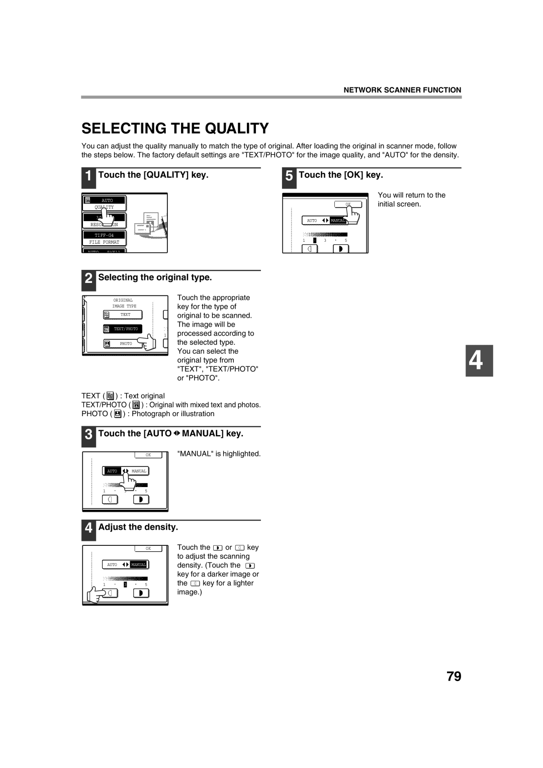 Sharp TINSE2026QSZZ Selecting the Quality, Touch the Quality key, Selecting the original type, Touch the Auto Manual key 