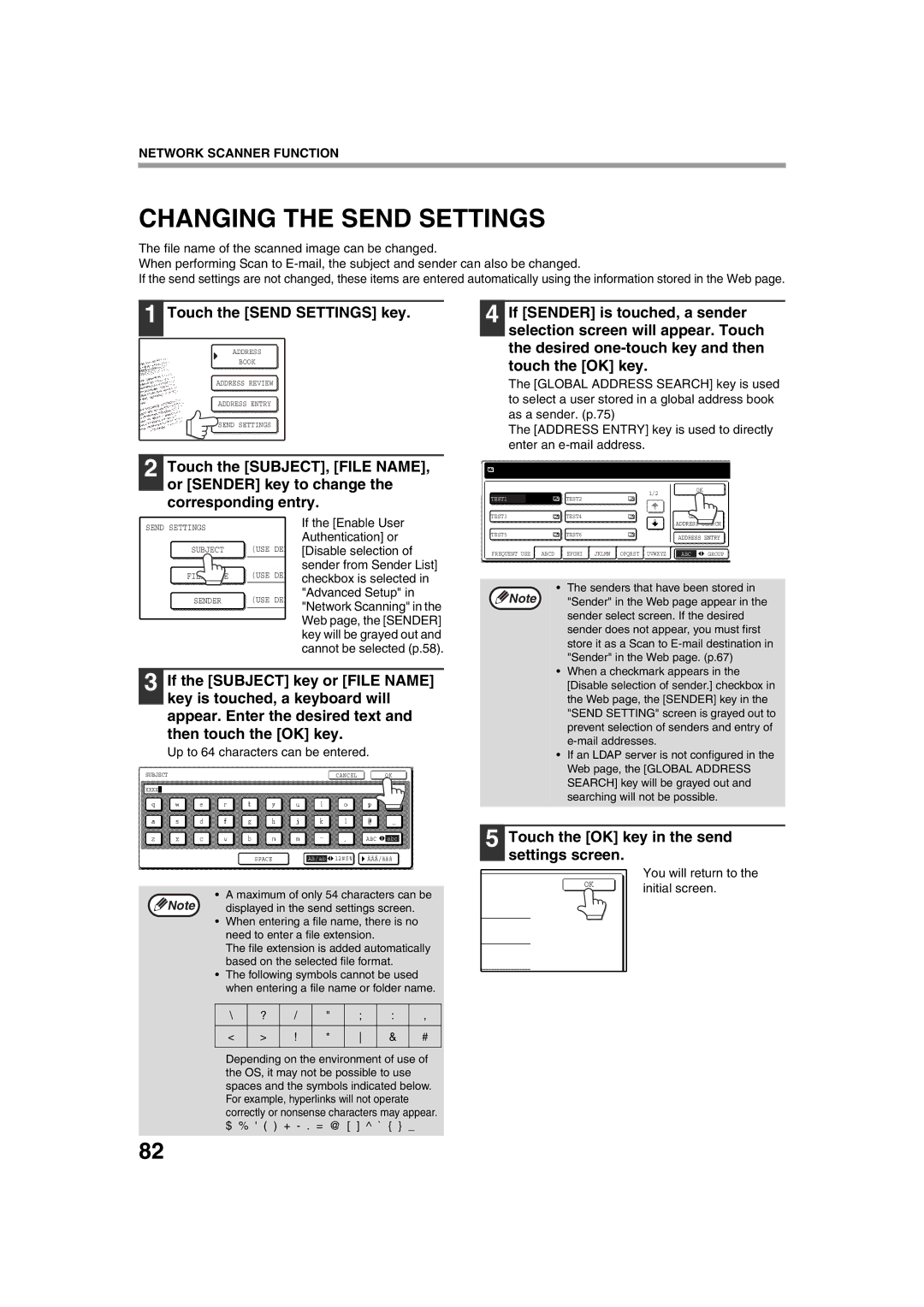 Sharp TINSE2026QSZZ Changing the Send Settings, Touch the Send Settings key, Touch the OK key in the send settings screen 