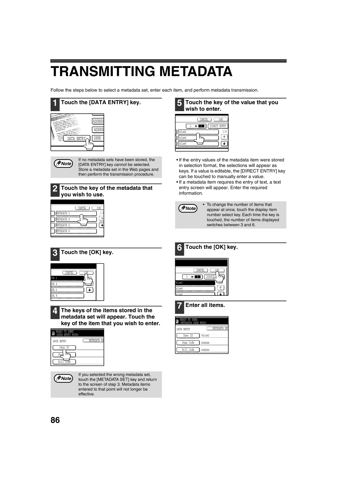 Sharp TINSE2026QSZZ Transmitting Metadata, Touch the Data Entry key, Touch the key of the metadata that you wish to use 