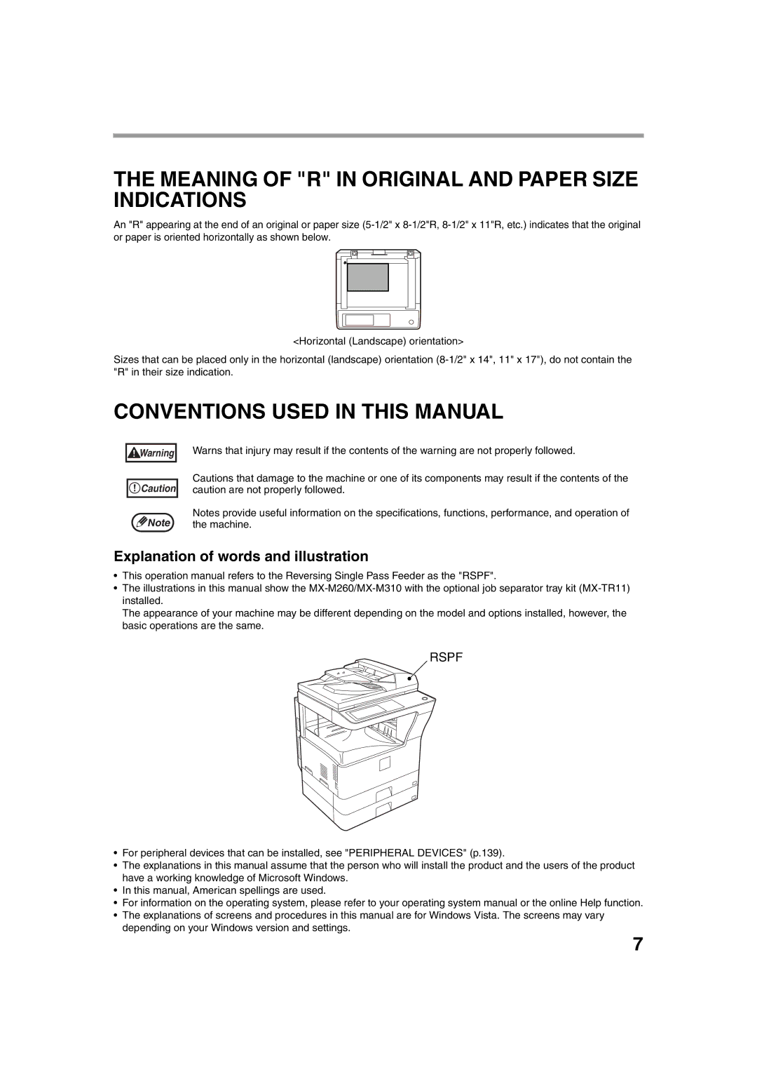 Sharp TINSE2026QSZZ operation manual Meaning of R in Original and Paper Size Indications, Conventions Used in this Manual 