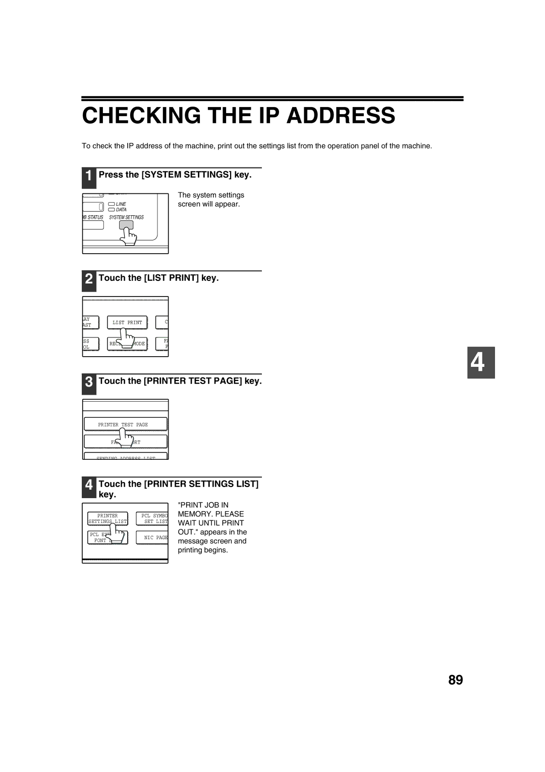 Sharp TINSE2026QSZZ operation manual Checking the IP Address, Touch the List Print key, Touch the Printer Test page key 