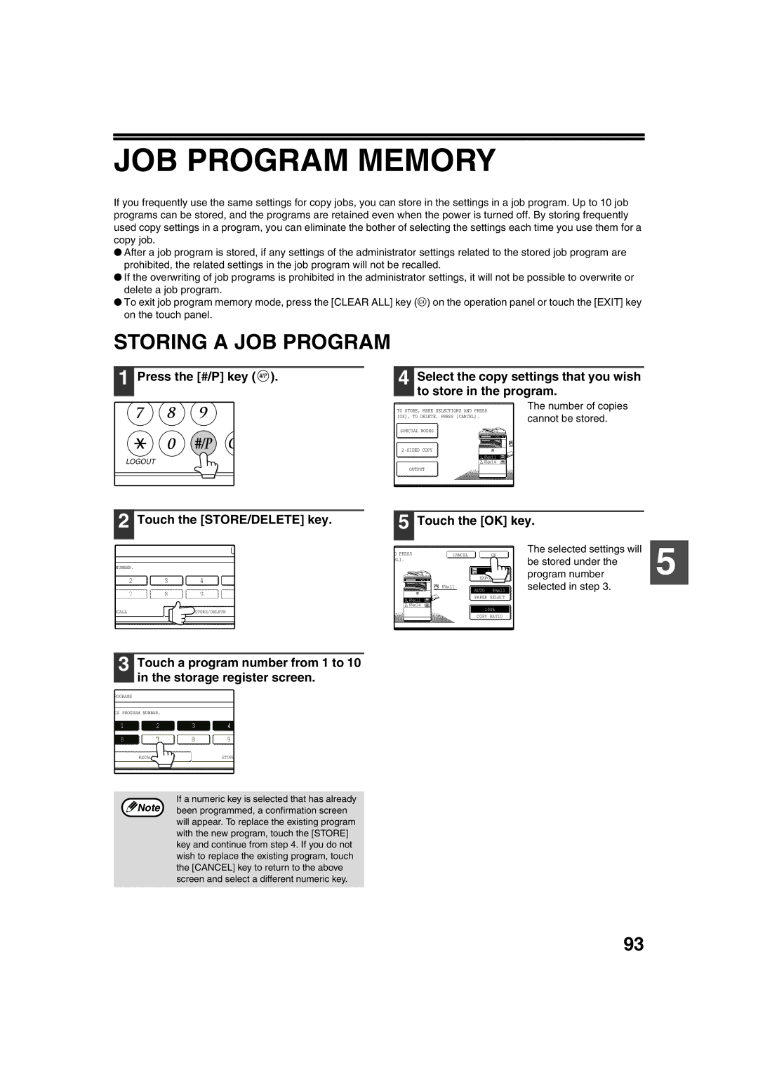 Sharp TINSE2026QSZZ operation manual JOB Program Memory, Storing a JOB Program, Touch the STORE/DELETE key 